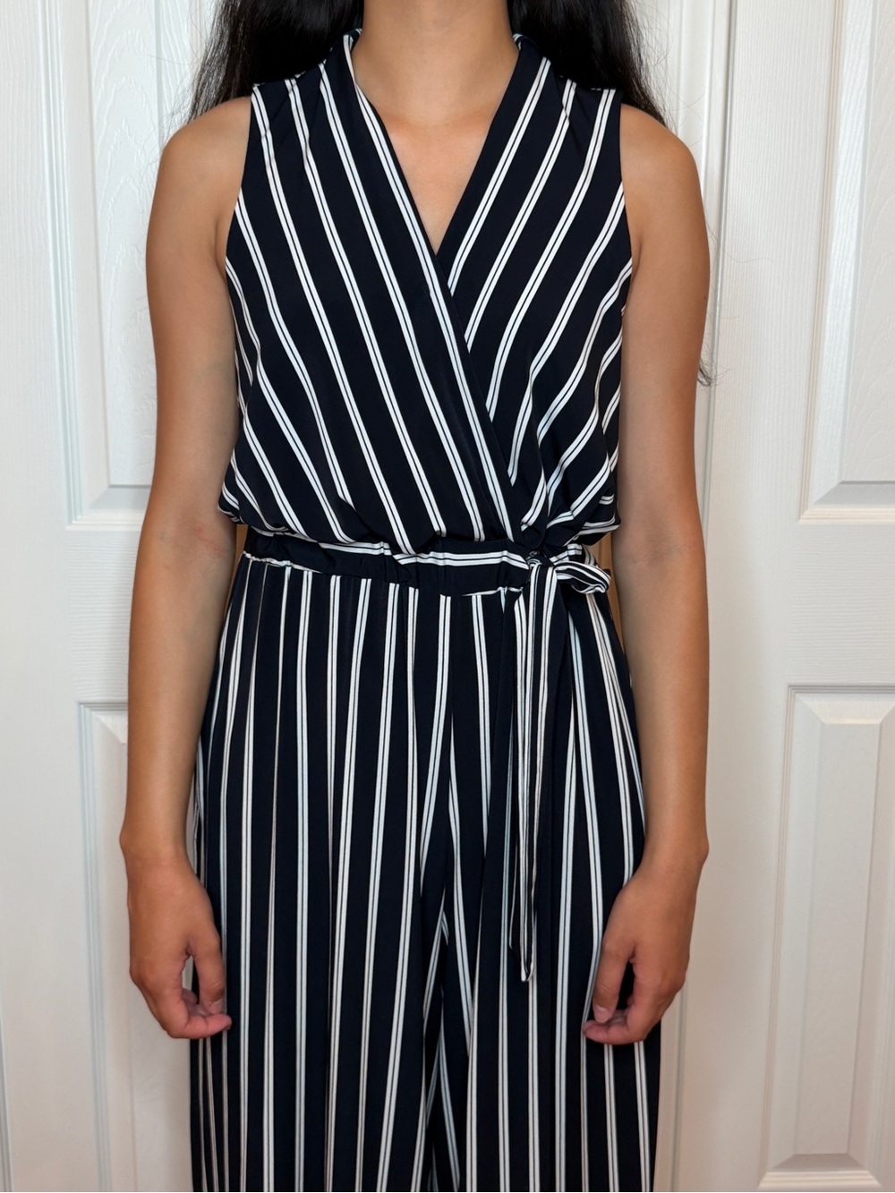 Striped Black Wrap Jumpsuit with Tie Waist